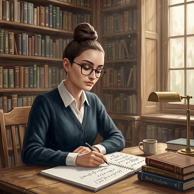 Ambre, personnage du lore Øljen, concentrée sur sa rédaction mathématique dans une bibliothèque.