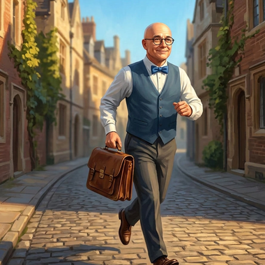 Marcel Charpentier, professeur de mathématiques, courant avec légèreté dans une rue pavée pour aller donner cours — illustration pour la formation Lux in Tenebris.