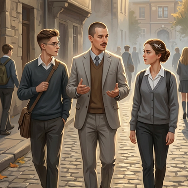 Illustration d'Oljen, accompagné de Perceval et Agathe, deux de ses élèves, en conversation dans la cour d'un campus, illustrant l'échange pédagogique au cœur des formations Øljen.