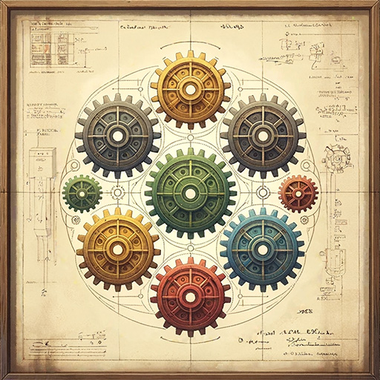 Illustration vintage de mécanismes d'engrenages entrelacés, représentant visuellement les processus de raisonnement en mathématiques.