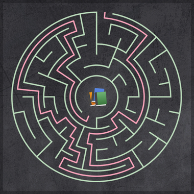 Labyrinthe dont les livres au centre représentent le cours de mathématiques — résoudre un exercice en prépa, c'est trouver un chemin depuis le cours jusqu'à la solution