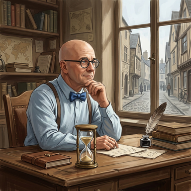 Marcel Charpentier, personnage de l'univers Øljen, pensif à son bureau avec un sablier devant lui et une vue sur une rue médiévale, illustrant la gestion du temps lors des épreuves écrites.