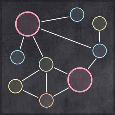 Molécule d'atomes multicolores symbolisant des concepts reliés par des idées, illustration pédagogique de la formation Lux in Tenebris.