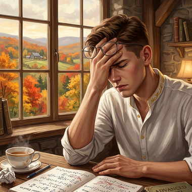 Perceval, étudiant dans l'univers Øljen, exaspéré devant un calcul difficile — illustration de la frustration de mener un calcul jusqu'à un résultat incorrect