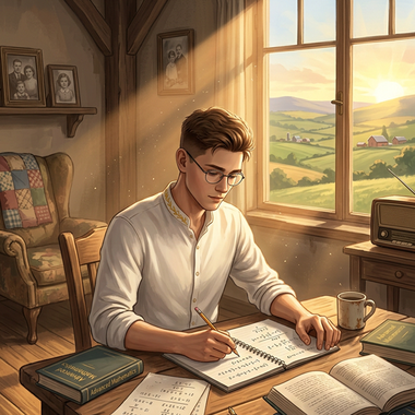 Perceval travaillant tranquillement dans sa maison de campagne.