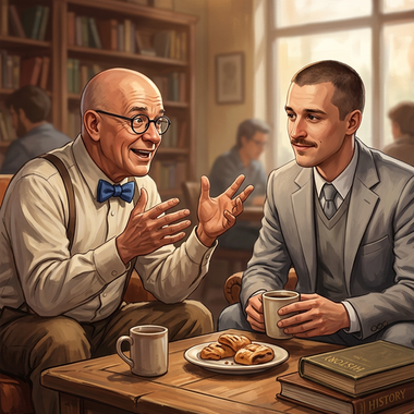 Øljen et Marcel Charpentier en discussion dans un salon de thé, illustrant l'échange pédagogique au cœur des vidéos Øljen