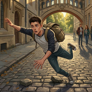 Séraphin, personnage de l'univers Øljen, trébuche avec un caillou dans sa chaussure — métaphore d'une lacune en calcul qui freine la progression en mathématiques
