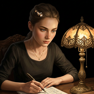 Agathe travaillant la nuit à la lumière d'une lampe, étudiant les mathématiques.